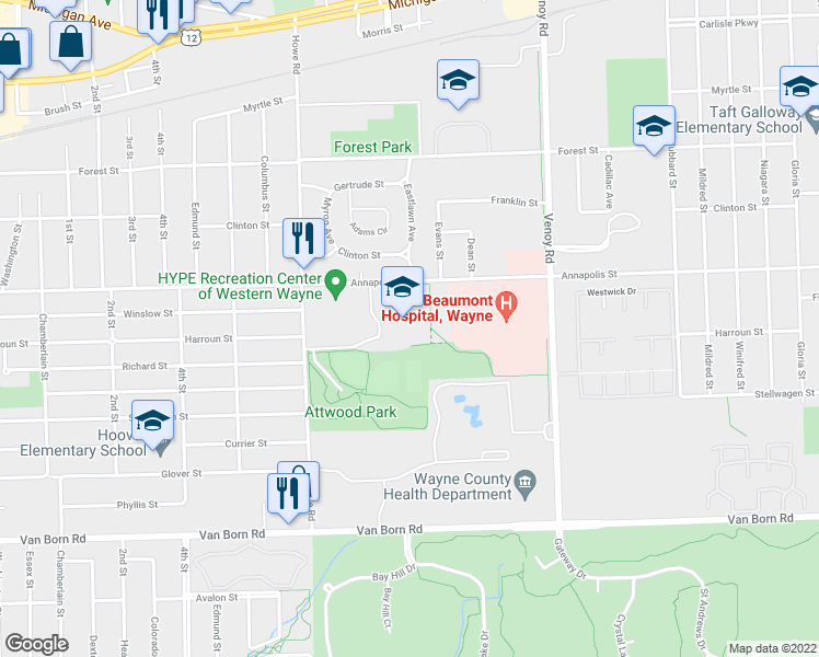 map of restaurants, bars, coffee shops, grocery stores, and more near 33555 Annapolis Street in Wayne