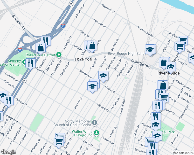 map of restaurants, bars, coffee shops, grocery stores, and more near 1741 Bassett Street in Detroit