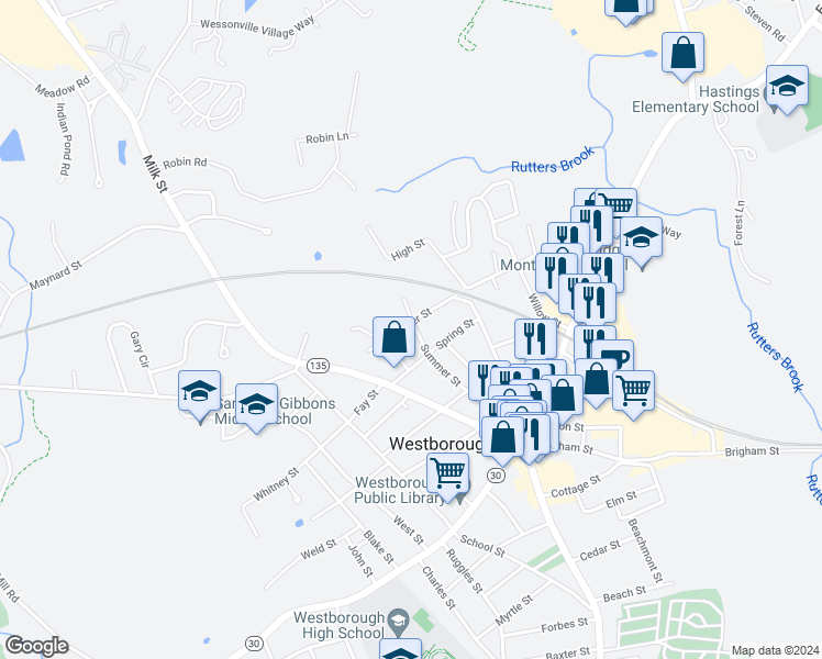 map of restaurants, bars, coffee shops, grocery stores, and more near 62 Water Street in Westborough