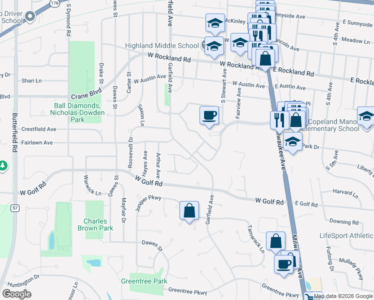 map of restaurants, bars, coffee shops, grocery stores, and more near 713 Garfield Avenue in Libertyville