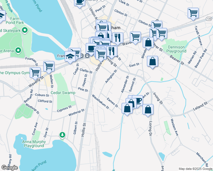 map of restaurants, bars, coffee shops, grocery stores, and more near 90 Arlington Street in Framingham