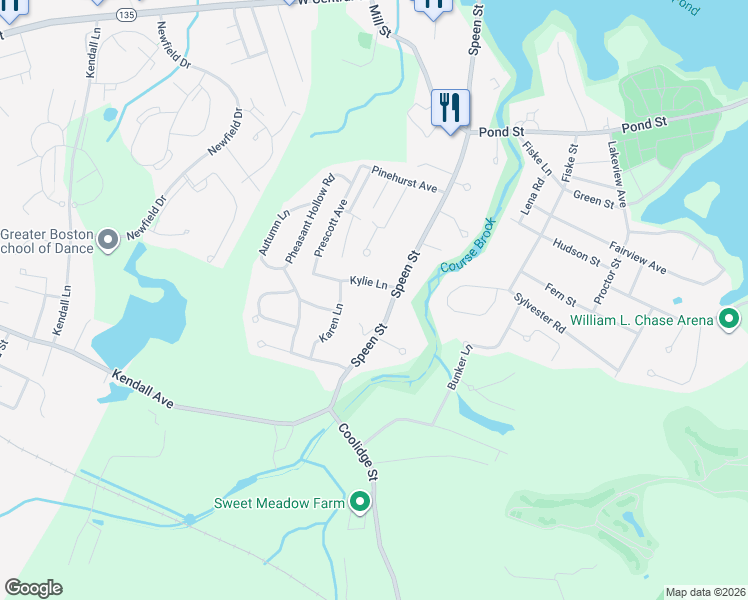 map of restaurants, bars, coffee shops, grocery stores, and more near 3 Kylie Lane in Natick