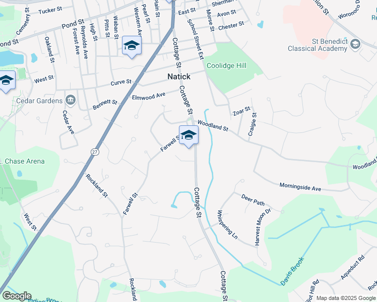 map of restaurants, bars, coffee shops, grocery stores, and more near 73 Cottage St in Natick