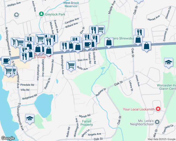 map of restaurants, bars, coffee shops, grocery stores, and more near 58 Rolfe Avenue in Shrewsbury