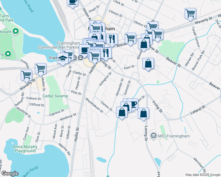 map of restaurants, bars, coffee shops, grocery stores, and more near 22 Pratt Street in Framingham