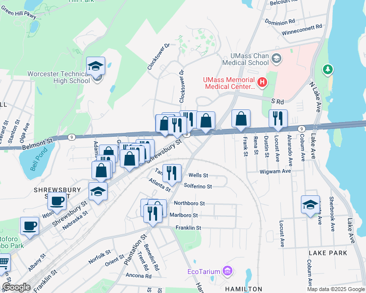 map of restaurants, bars, coffee shops, grocery stores, and more near 491 Shrewsbury Street in Worcester