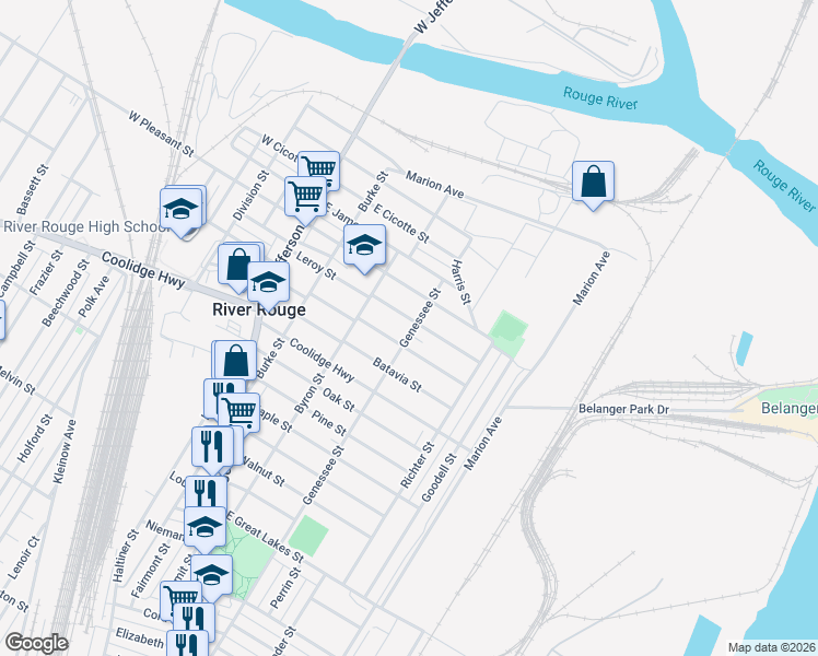 map of restaurants, bars, coffee shops, grocery stores, and more near 96 Leroy Street in River Rouge