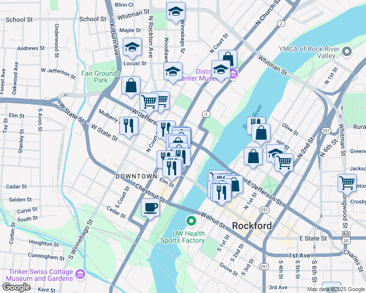 map of restaurants, bars, coffee shops, grocery stores, and more near 216 N Main St in Rockford