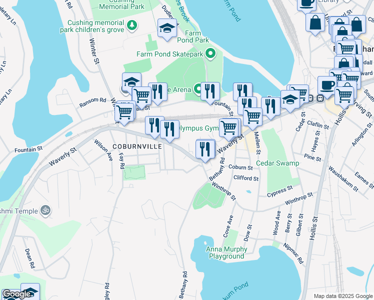map of restaurants, bars, coffee shops, grocery stores, and more near 11 Rhubena Street in Framingham
