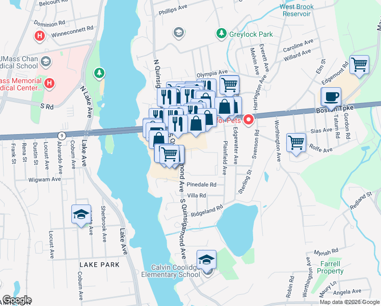 map of restaurants, bars, coffee shops, grocery stores, and more near 31 Shrewsbury Green Drive in Shrewsbury