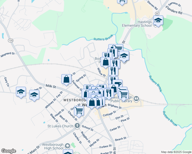 map of restaurants, bars, coffee shops, grocery stores, and more near 13 State Street in Westborough