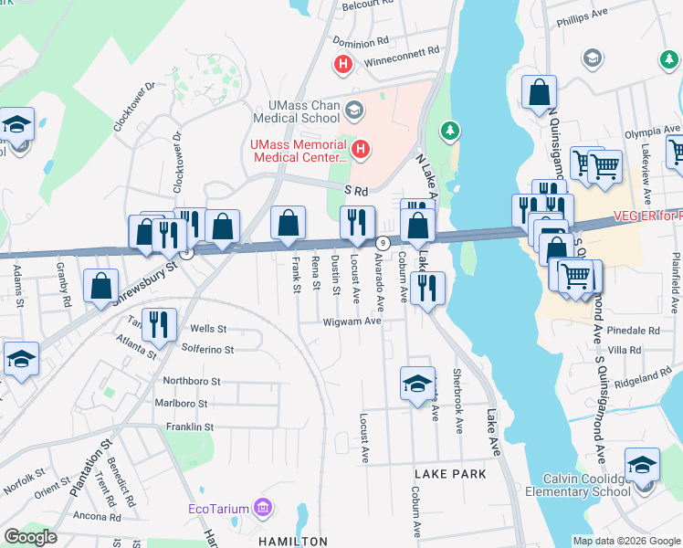 map of restaurants, bars, coffee shops, grocery stores, and more near 21 Dustin Street in Worcester
