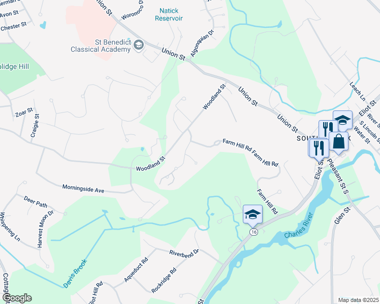 map of restaurants, bars, coffee shops, grocery stores, and more near 5 Davis Brook Drive in Natick