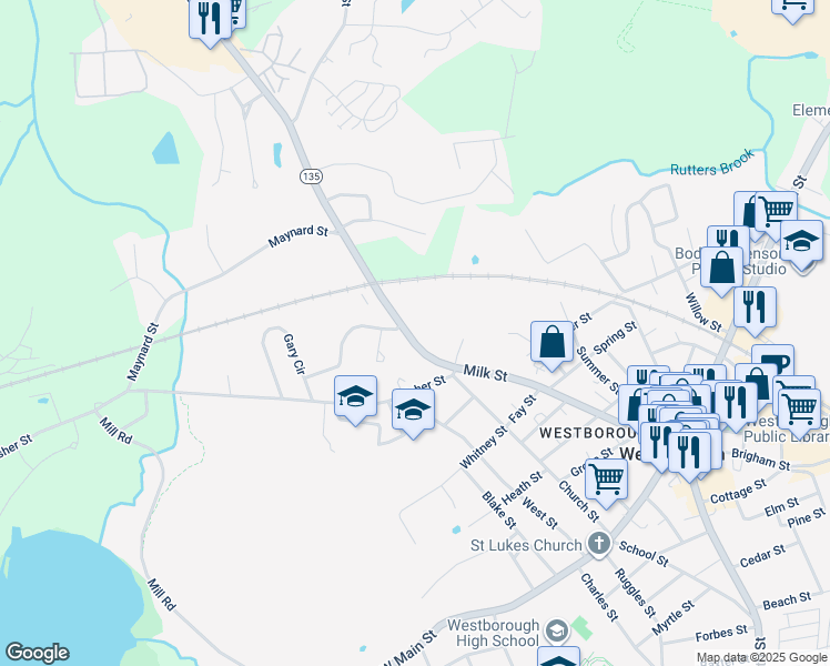 map of restaurants, bars, coffee shops, grocery stores, and more near 105 Milk Street in Westborough