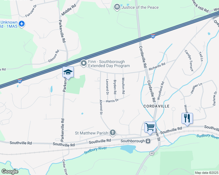 map of restaurants, bars, coffee shops, grocery stores, and more near 9 Bryden Road in Southborough