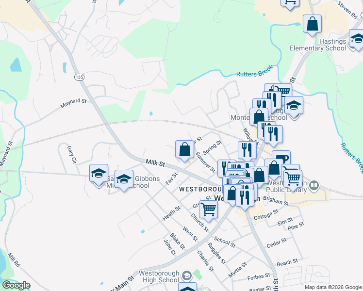 map of restaurants, bars, coffee shops, grocery stores, and more near 1 Janlyn Circle in Westborough