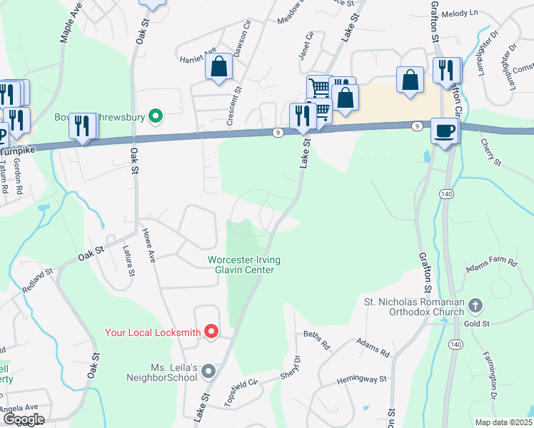 map of restaurants, bars, coffee shops, grocery stores, and more near 214 Lake Street in Shrewsbury