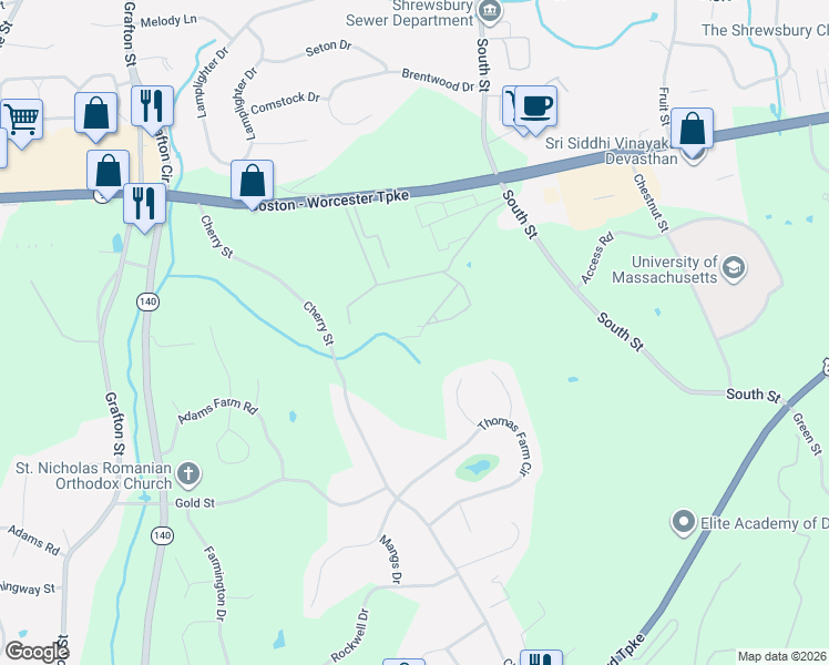 map of restaurants, bars, coffee shops, grocery stores, and more near 21 Brookdale Circle in Shrewsbury
