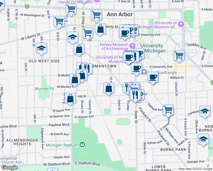 map of restaurants, bars, coffee shops, grocery stores, and more near 332 John Street in Ann Arbor