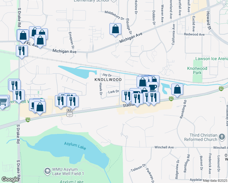 map of restaurants, bars, coffee shops, grocery stores, and more near 3621 Lark Drive in Kalamazoo