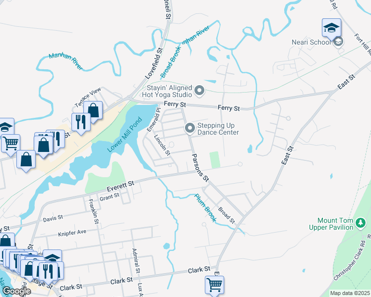 map of restaurants, bars, coffee shops, grocery stores, and more near 17 Maine Avenue in Easthampton