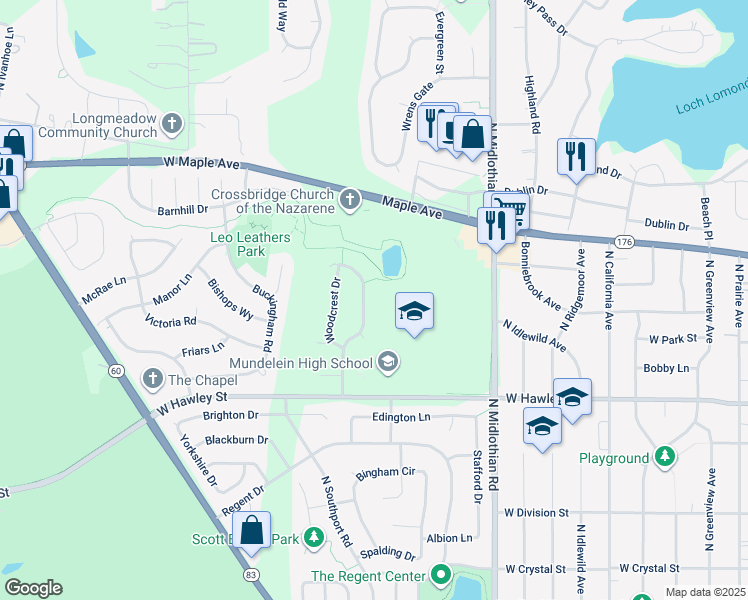 map of restaurants, bars, coffee shops, grocery stores, and more near 567 Woodhaven Drive in Mundelein