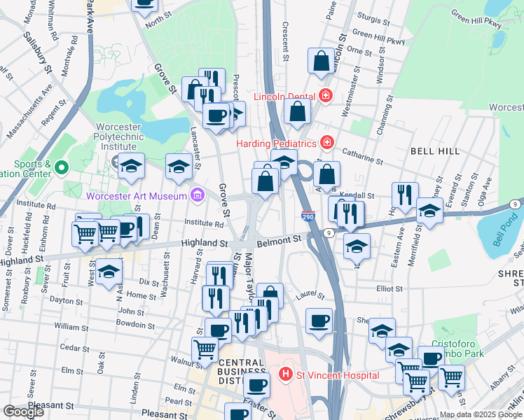 map of restaurants, bars, coffee shops, grocery stores, and more near 26 Old Lincoln Street in Worcester