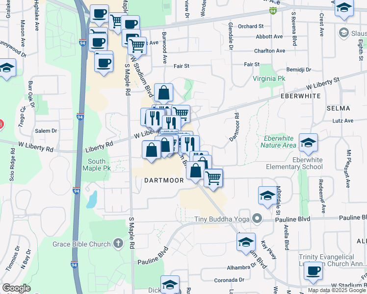 map of restaurants, bars, coffee shops, grocery stores, and more near 2090 West Stadium Boulevard in Ann Arbor