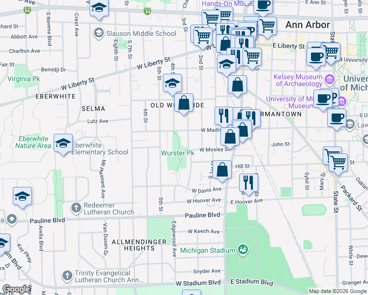 map of restaurants, bars, coffee shops, grocery stores, and more near 630 3rd Street in Ann Arbor
