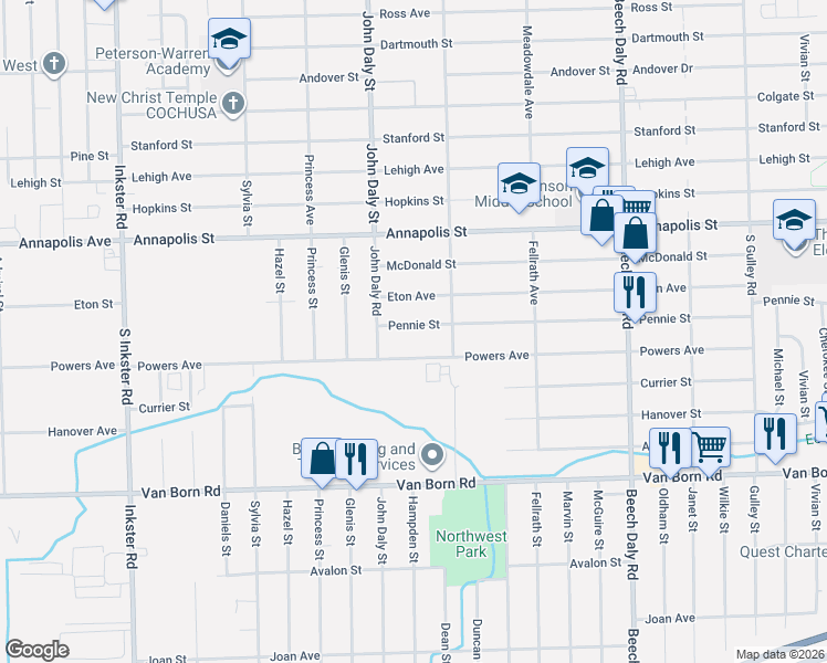 map of restaurants, bars, coffee shops, grocery stores, and more near 26381 Pennie Street in Dearborn Heights