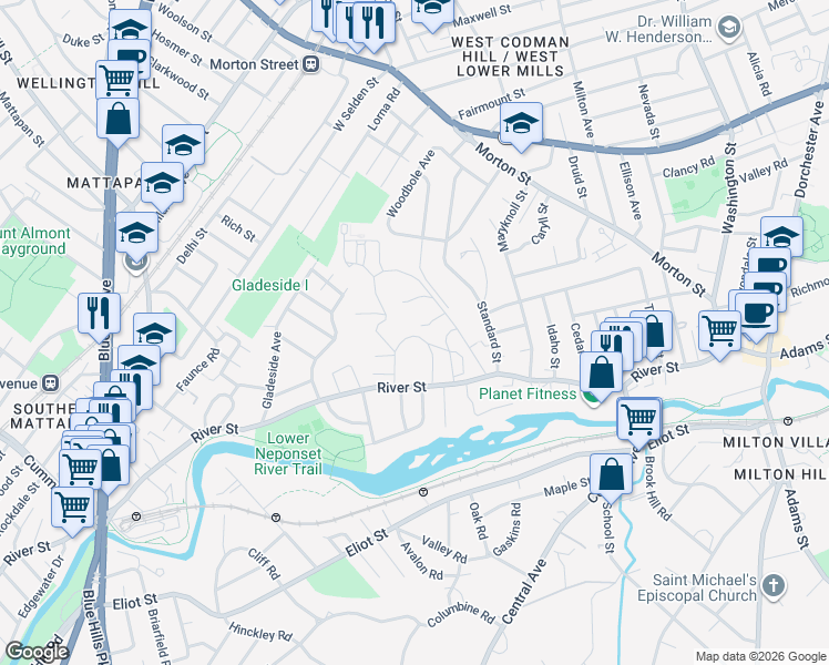 map of restaurants, bars, coffee shops, grocery stores, and more near 249 River Street in Boston