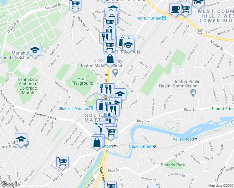 map of restaurants, bars, coffee shops, grocery stores, and more near 1506 Massachusetts 28 in Boston