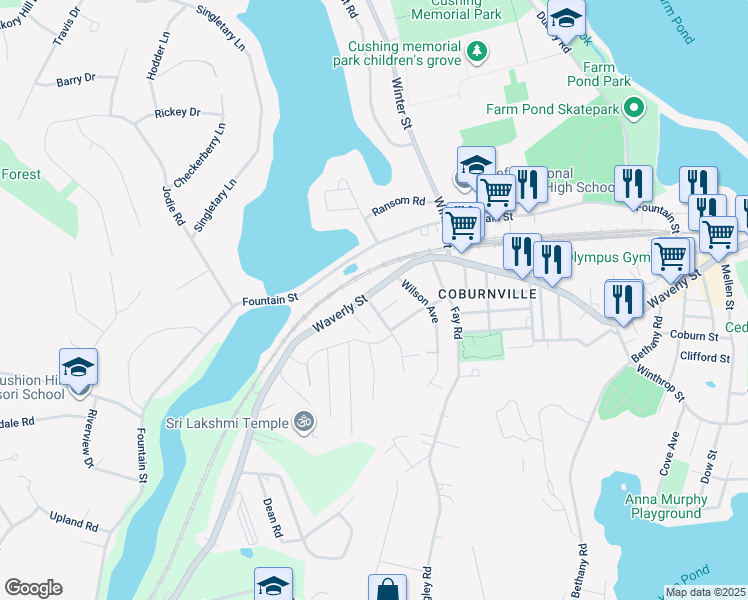 map of restaurants, bars, coffee shops, grocery stores, and more near 1007 Waverly Street in Framingham
