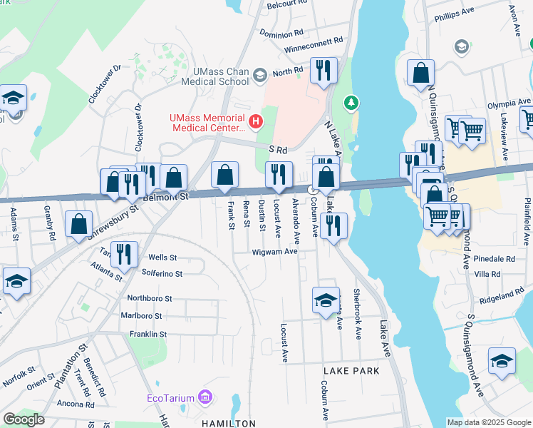 map of restaurants, bars, coffee shops, grocery stores, and more near 21 Dustin Street in Worcester