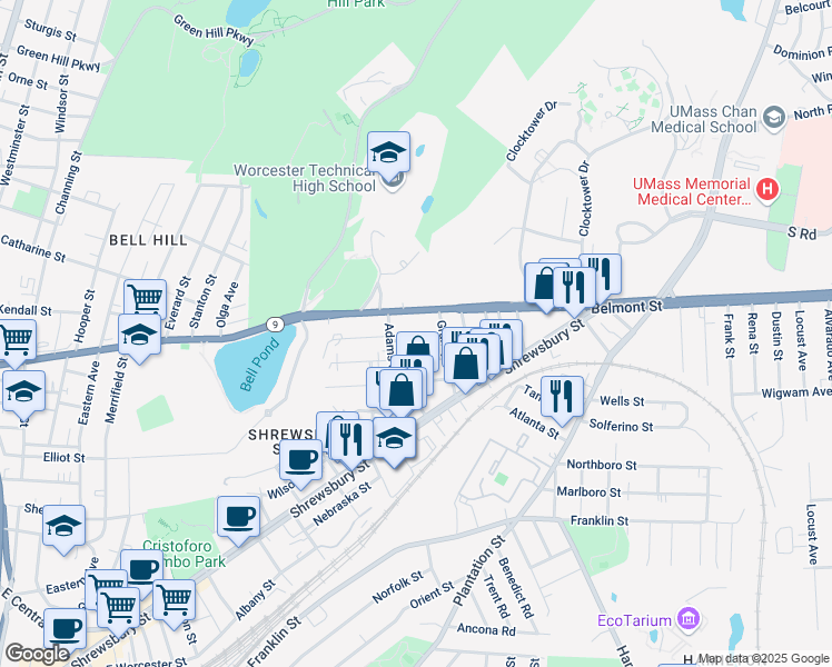 map of restaurants, bars, coffee shops, grocery stores, and more near 17 Caprera Road in Worcester