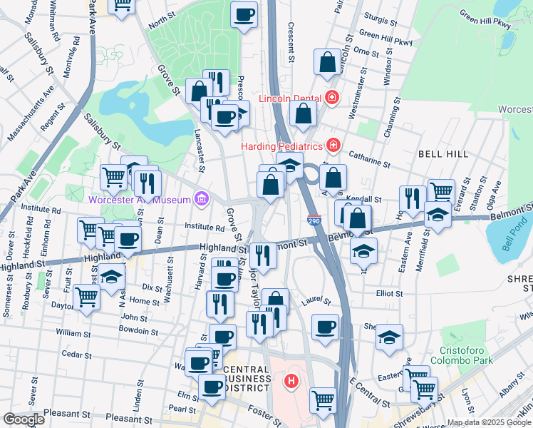 map of restaurants, bars, coffee shops, grocery stores, and more near 43 Lincoln Street in Worcester