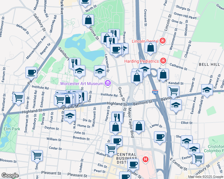 map of restaurants, bars, coffee shops, grocery stores, and more near 55 Salisbury Street in Worcester