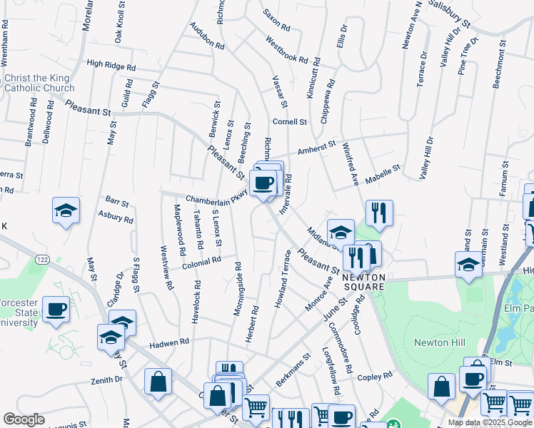 map of restaurants, bars, coffee shops, grocery stores, and more near 799 Pleasant Street in Worcester