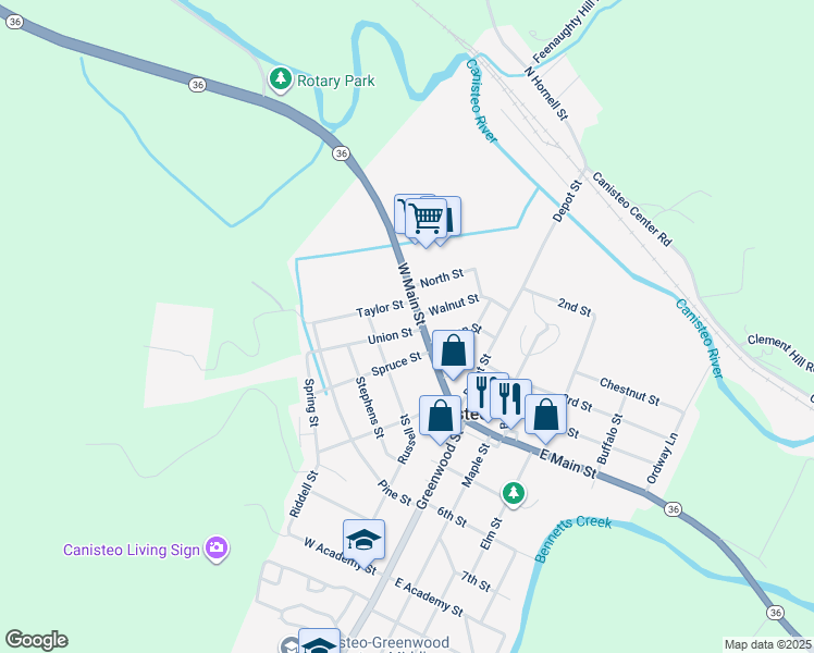 map of restaurants, bars, coffee shops, grocery stores, and more near 36 W Main St in Canisteo