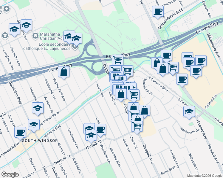 map of restaurants, bars, coffee shops, grocery stores, and more near 3001 British Columbia 3B in Windsor