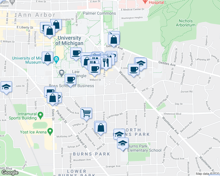 map of restaurants, bars, coffee shops, grocery stores, and more near 721 South Forest Avenue in Ann Arbor