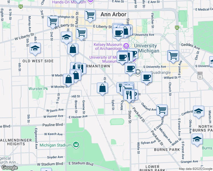 map of restaurants, bars, coffee shops, grocery stores, and more near 431 Cross Street in Ann Arbor