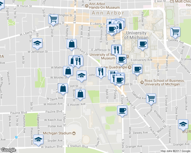 map of restaurants, bars, coffee shops, grocery stores, and more near 332 John Street in Ann Arbor