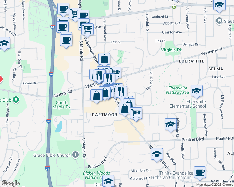 map of restaurants, bars, coffee shops, grocery stores, and more near 2090 West Stadium Boulevard in Ann Arbor