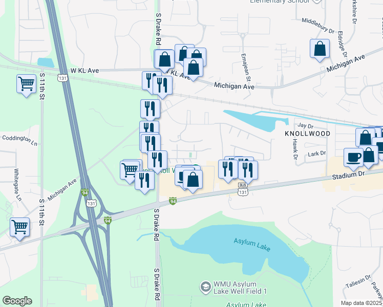 map of restaurants, bars, coffee shops, grocery stores, and more near 4412 Ridgeway Circle in Kalamazoo