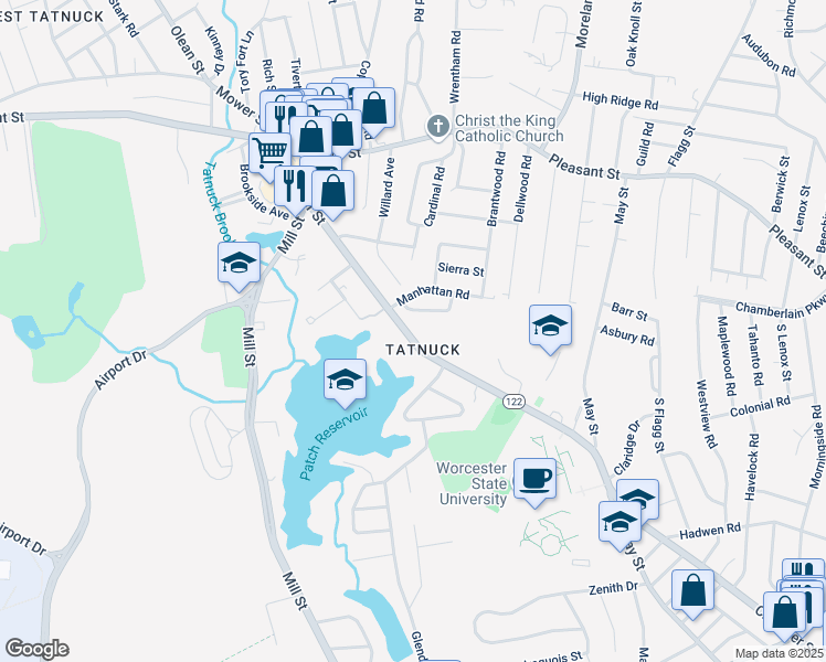 map of restaurants, bars, coffee shops, grocery stores, and more near 577 Massachusetts 122 in Worcester
