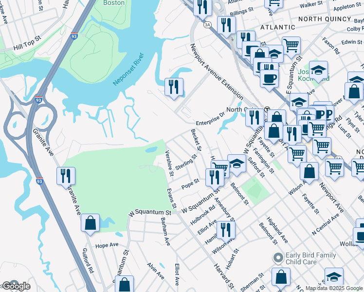 map of restaurants, bars, coffee shops, grocery stores, and more near 22 Sagamore Avenue in Quincy