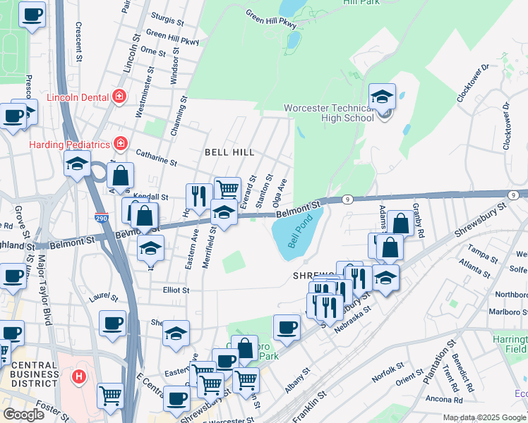map of restaurants, bars, coffee shops, grocery stores, and more near 201 Belmont Street in Worcester