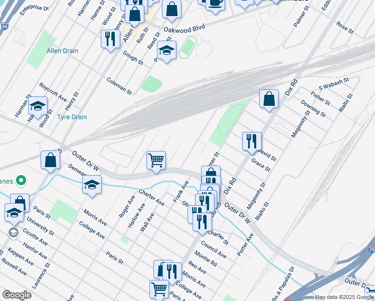 map of restaurants, bars, coffee shops, grocery stores, and more near 19203 Wall Street in Melvindale