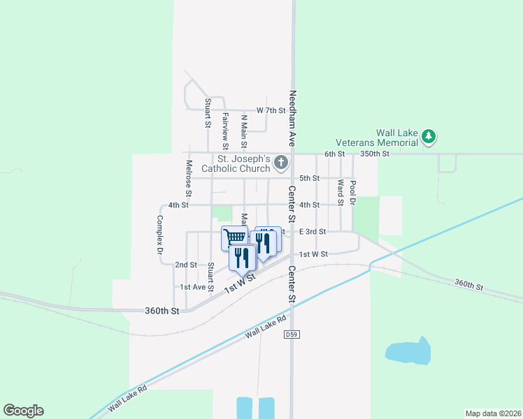 map of restaurants, bars, coffee shops, grocery stores, and more near 204-208 4th St in Wall Lake